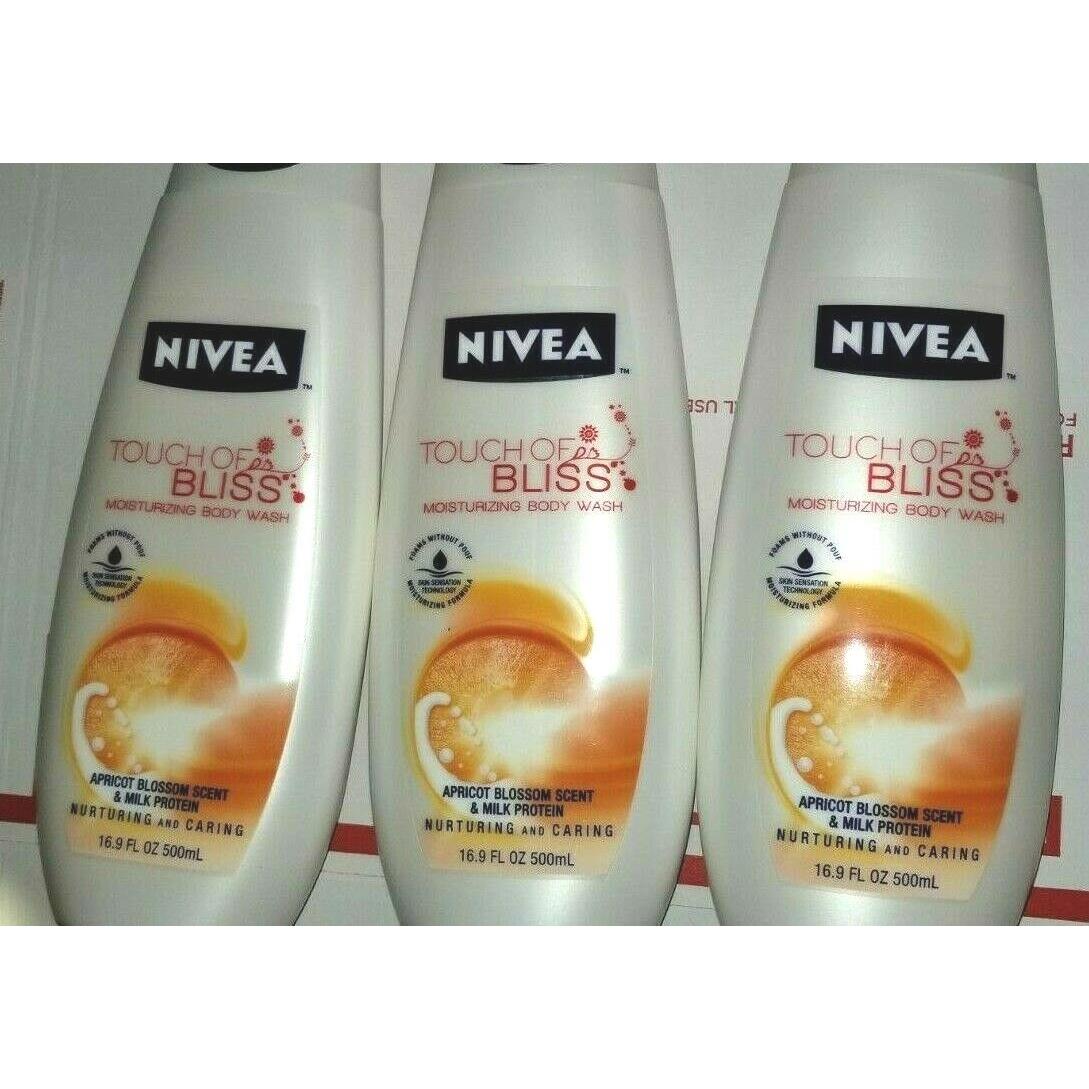 3 x Nivea Touch Of Bliss Moisturizing Body Wash Apricot Blossom Scent 16.9 oz ea