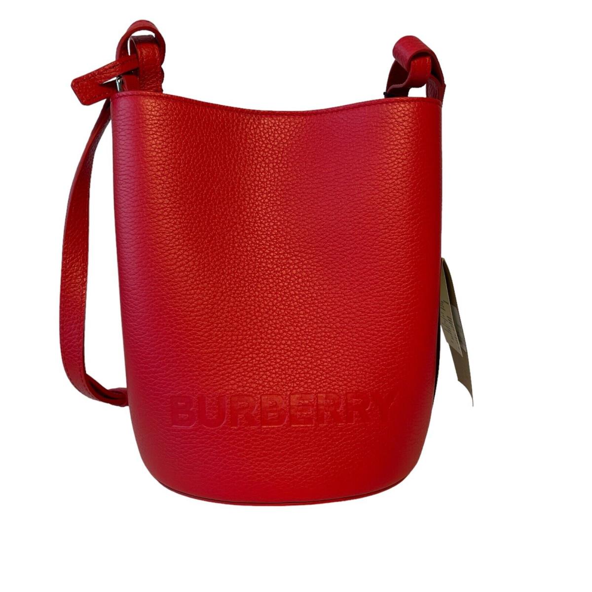 Burberry Lorne Red Pebbled Leather Bucket Crossbody Handbag Purse Bucket Bag