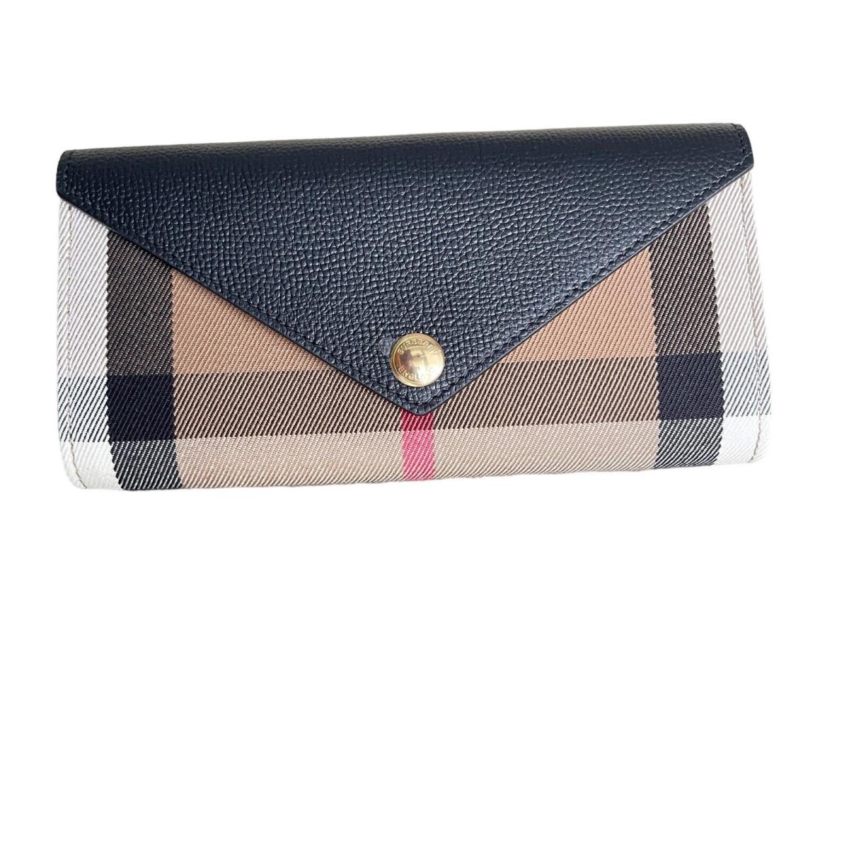 Burberry Halton Black Leather Icon Stripe Canvas Folding Long Wallet