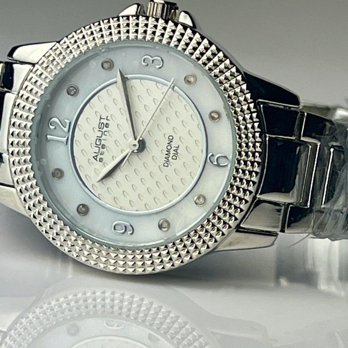 August Steiner Womens Watch Mother of Pearl Diamond Dial Beveled Bezel Batt