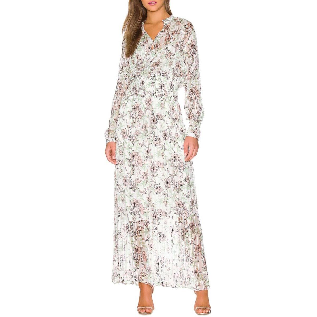 Rag Bone Women`s Calista Long Sleeve Chiffon Maxi Dress in White Floral Size L