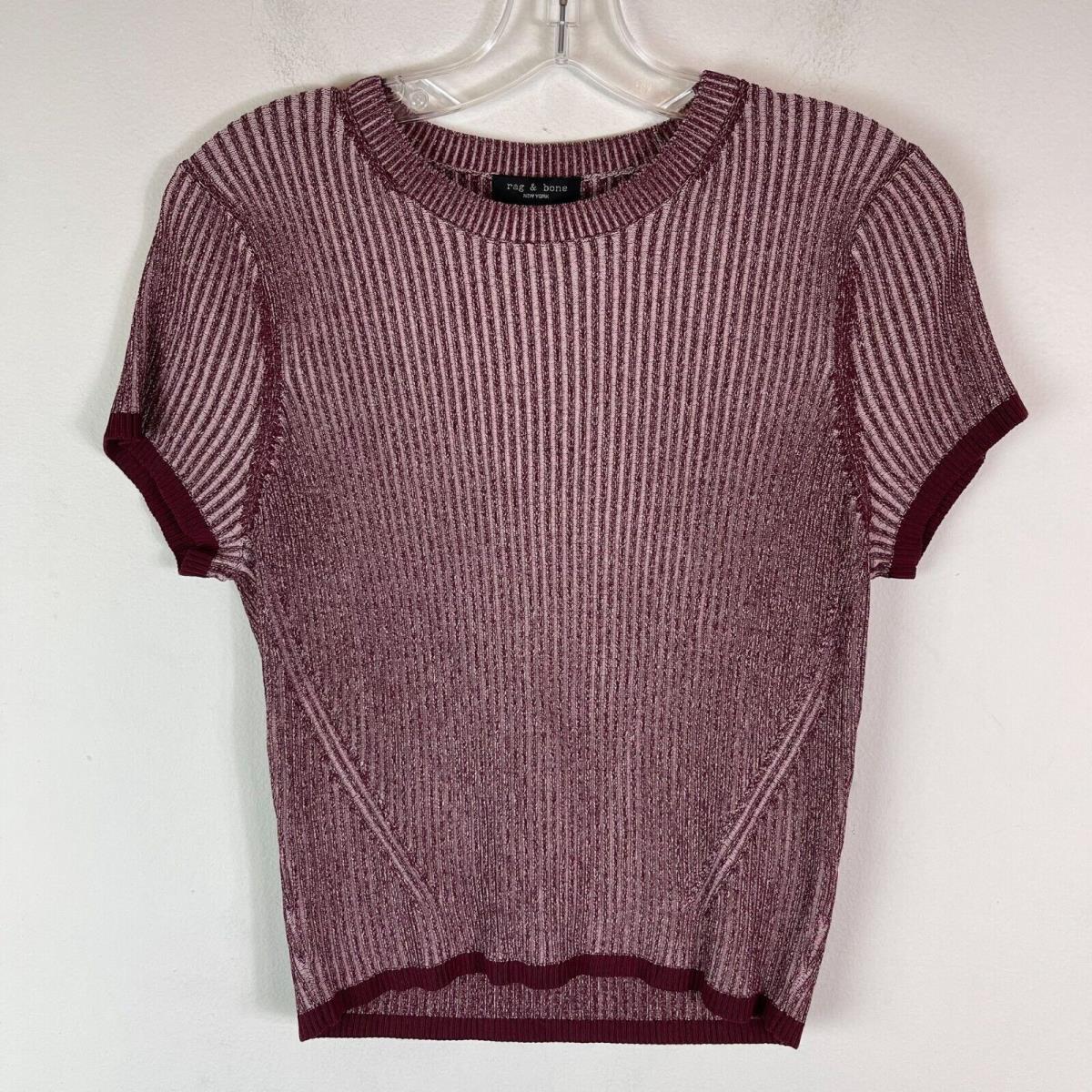 Rag Bone Women`s Short Sleeved Ribbed Alexis Tee Pink Burgundy Size XL