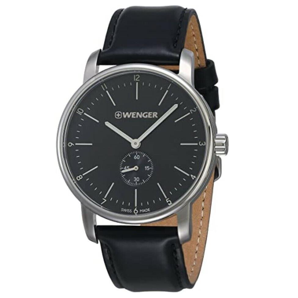 Wenger Men`s Urban Swiss Quartz Black Leather Strap Watch Stainless