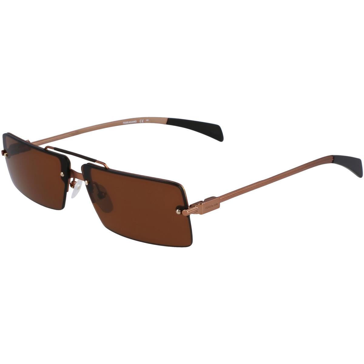 Salvatore Ferragamo Rectangular Navigator Rimless Sunglasses - SF306S Italy Matte Amber Gold-Tone/Brown (762)