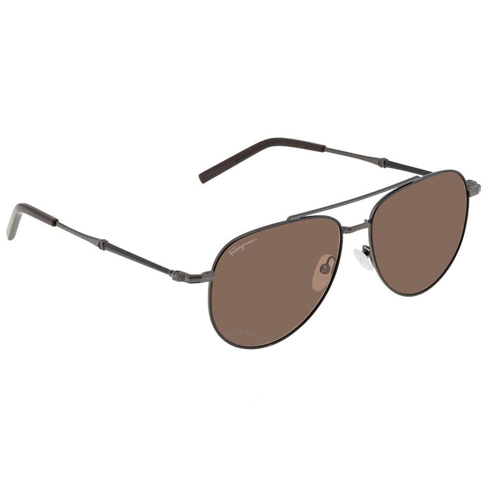 Salvatore Ferragamo SF 226S 021 Black Metal Aviator Sunglasses Brown Lens