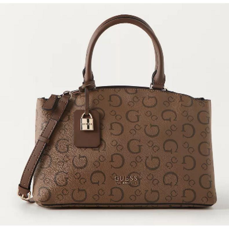 Guess Melrose Avenue Monogram Signature Satchel Bag Cocoa Gold