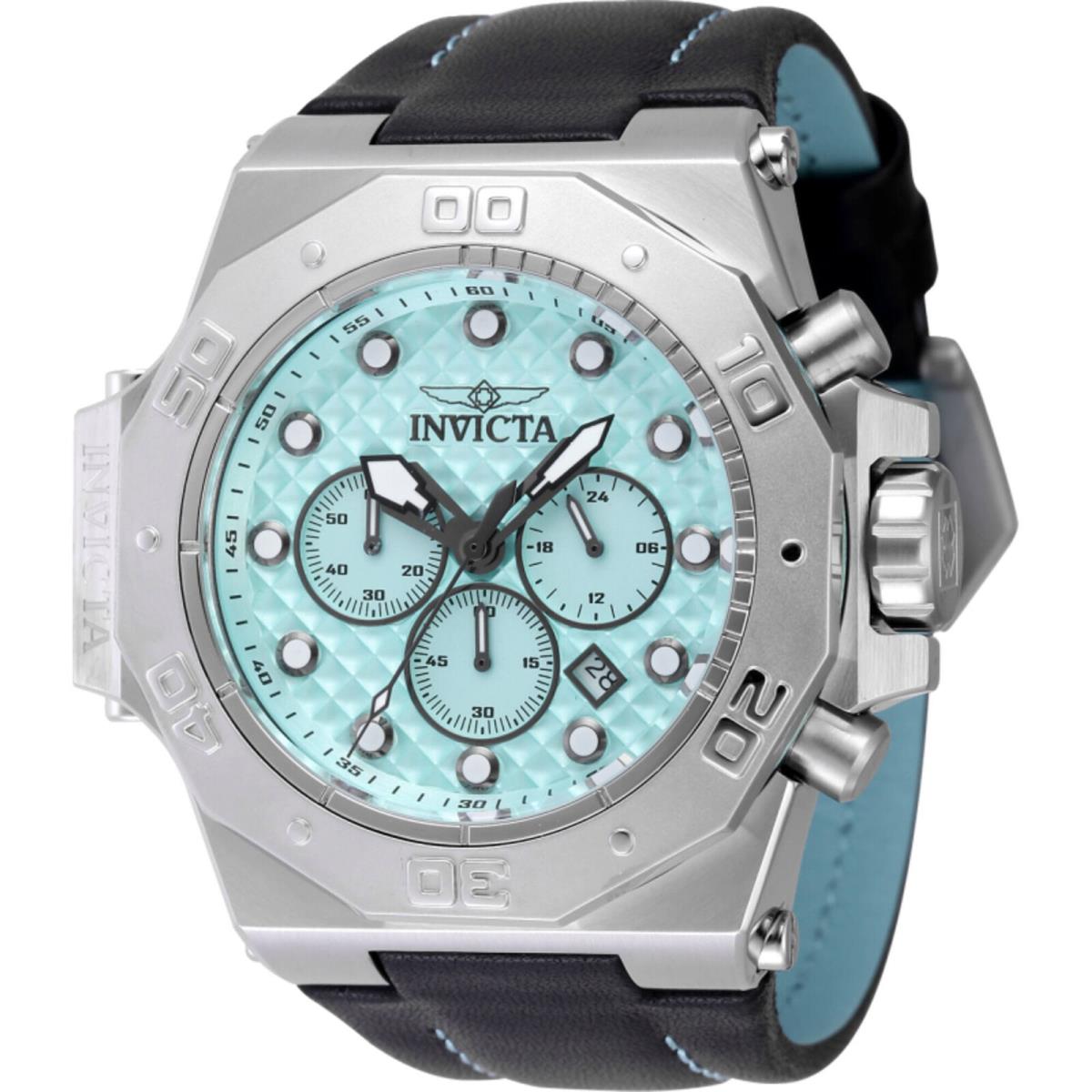 Invicta Men`s Watch Akula Quartz Chrono Turquoise Dial Black Leather Strap 47529