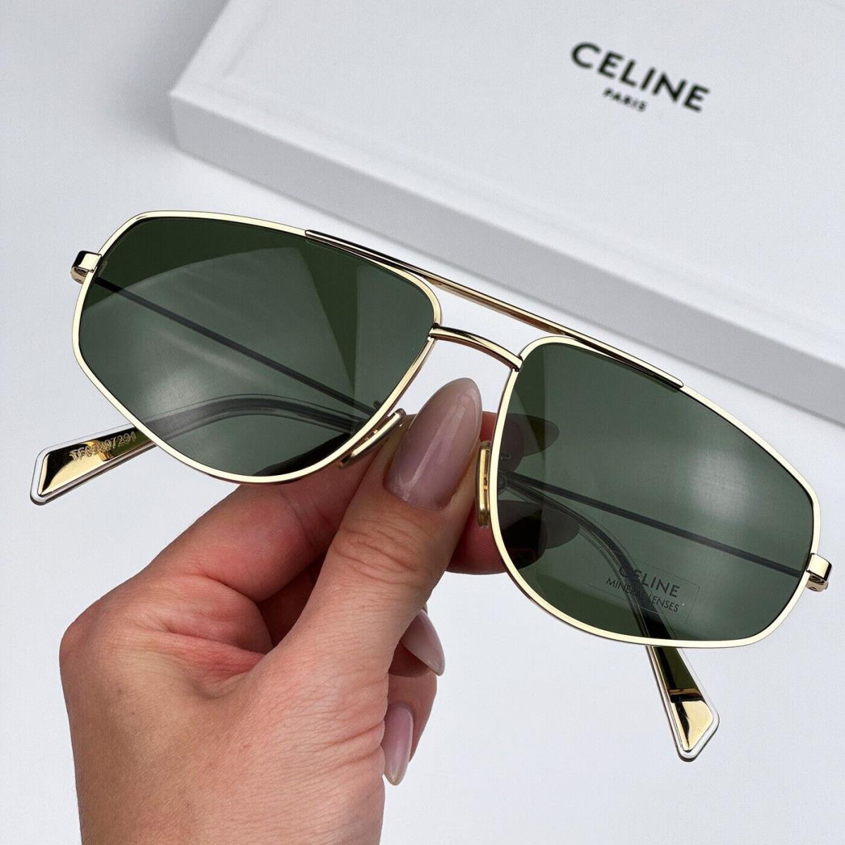 Celine CL40083U 30N Shiny Gold Green Mineral Pilot Unisex Sunglasses