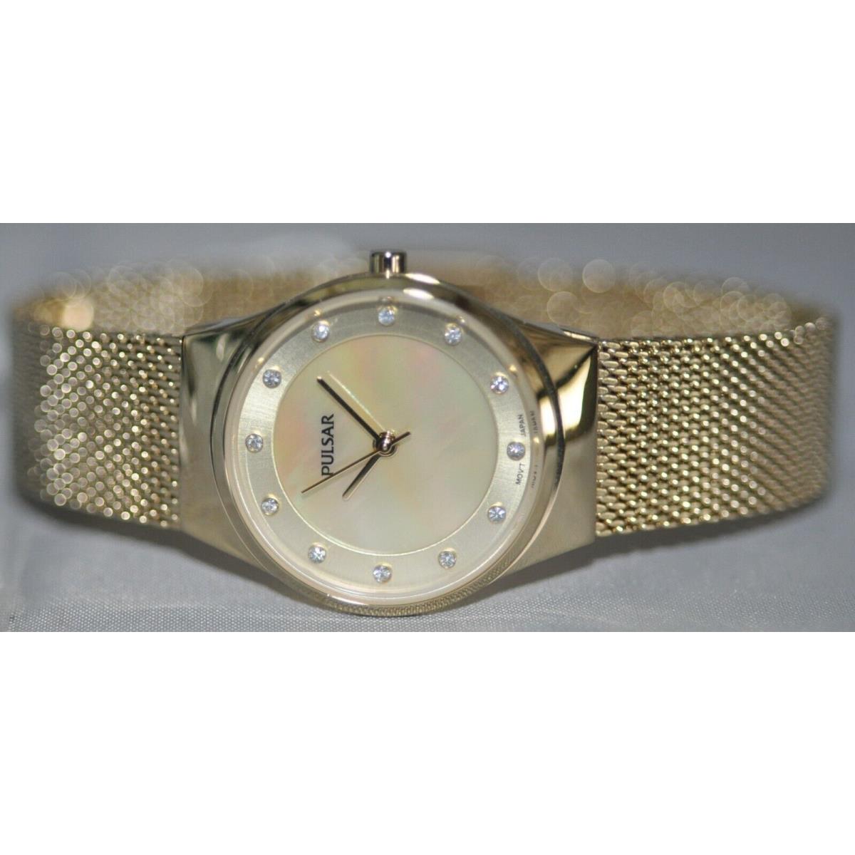 Pulsar Ladies Beige Mop Swarovski Crystal Dial Gold Mesh Steel Watch PH8056