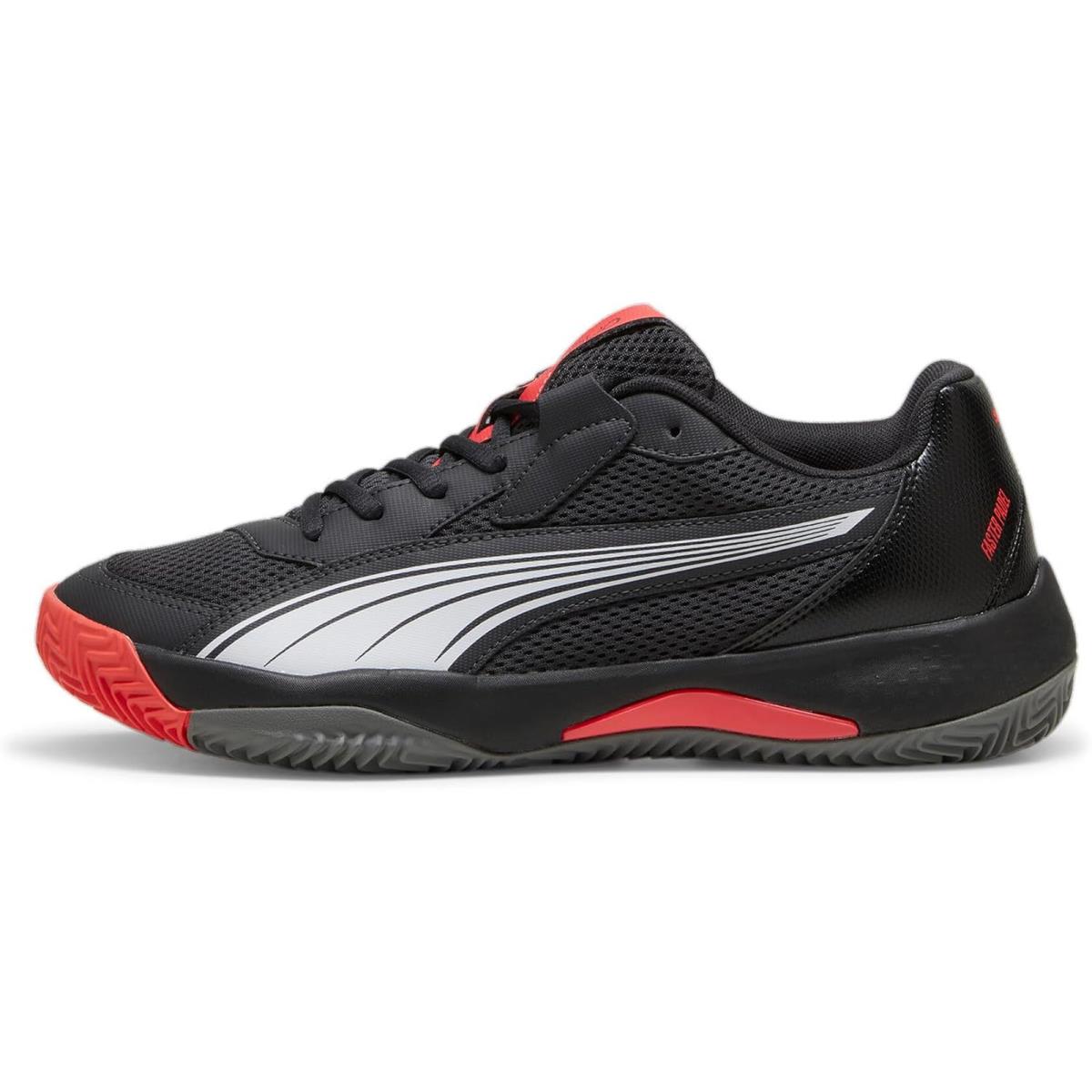 Puma Men`s Nova Court Pickleball Shoe Sneaker - Flat Dark Gray-Puma Black-Flat Medium Gray-Active Red