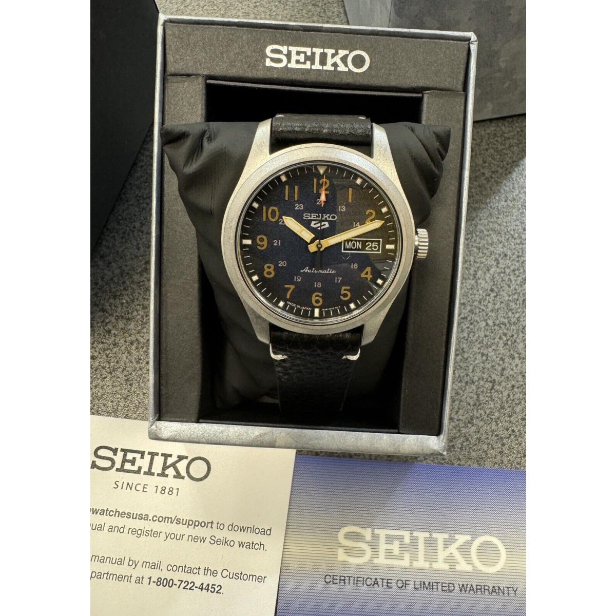 Seiko 5 Automatic Black Leather Band Watch Blue Dial SRPG39 Made In Japan