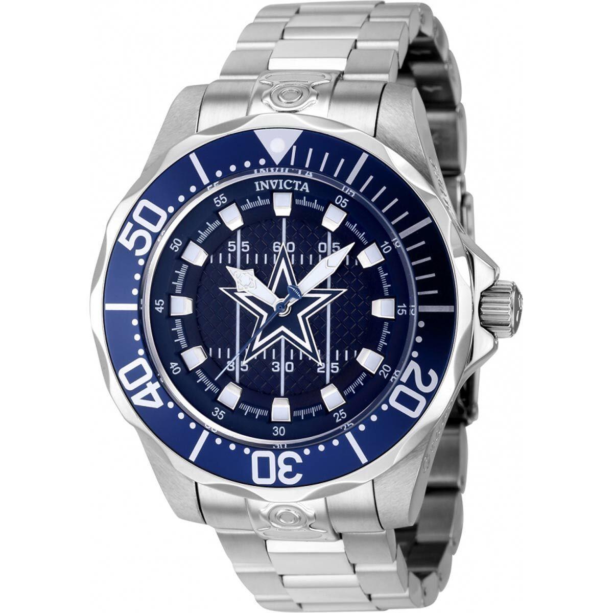 Invicta Men`s Watch Nfl Dallas Cowboys Dial Rotating Bezel Steel Bracelet 42123 - Dial: Dark Blue, Band: Silver