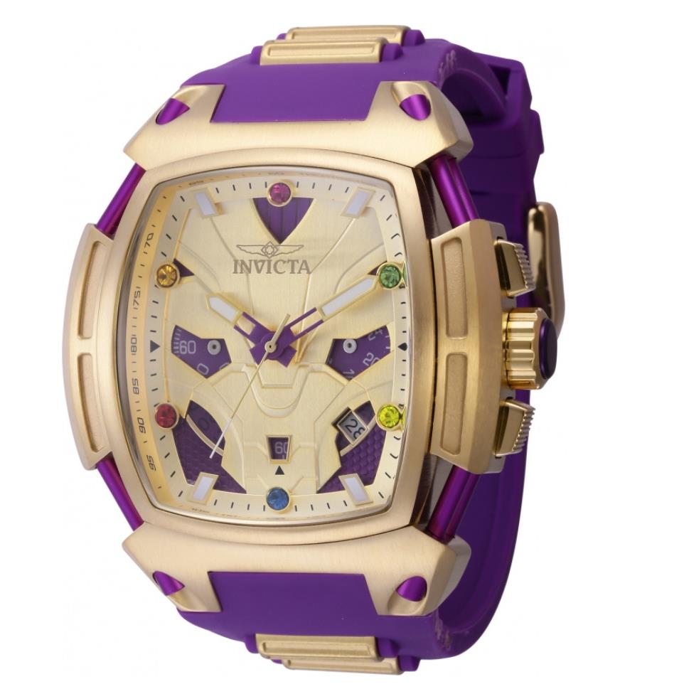 Invicta Marvel Thanos Infinity Stones Men`s 53mm Limited Chronograph Watch 42043 - Dial: Gold, Multicolor, Purple, Yellow, Band: Purple, Bezel: Gold, Yellow