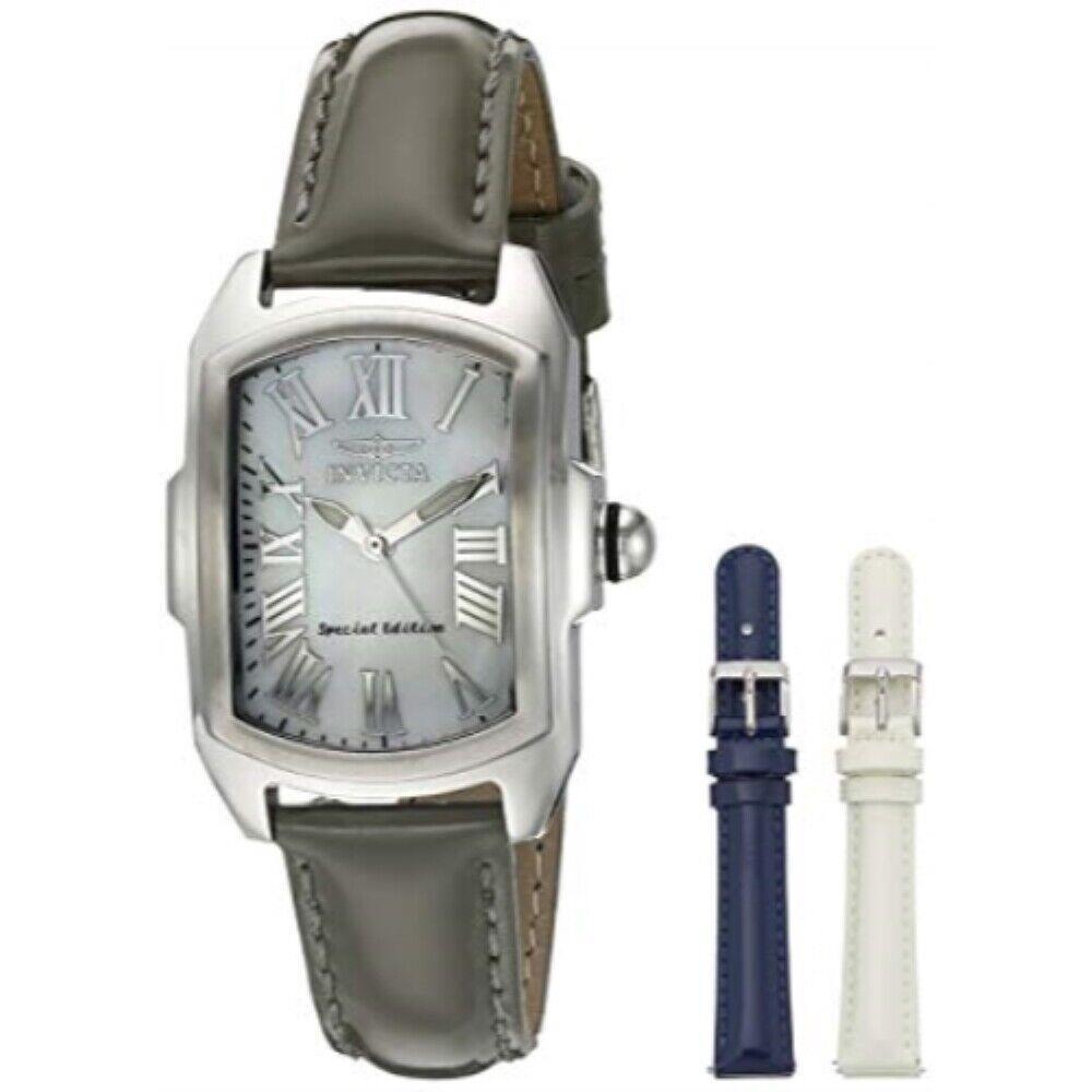 Invicta 20456 Baby Lupah Quartz Mother of Pearl Strap Womens Watch Set - Dial: White, Band: Blue, Gray, White, Bezel: Silver