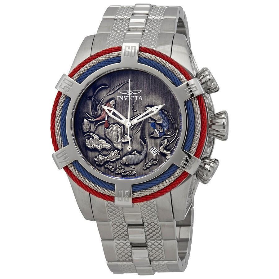 Invicta Bolt Tri Cable Red Blue Koi 54mm Stainless Steel Chronograph Watch - Face: Gray, Dial: Gray, Band: Silver