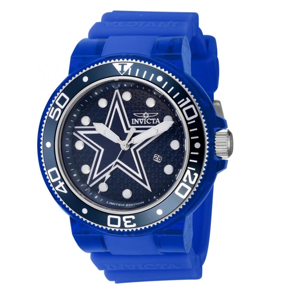 Invicta Nfl Dallas Cowboys Men`s 52mm Pro Diver Limited Silicone Watch 41448 - Dial: Blue, Silver, White, Band: Blue, Bezel: Blue, Silver