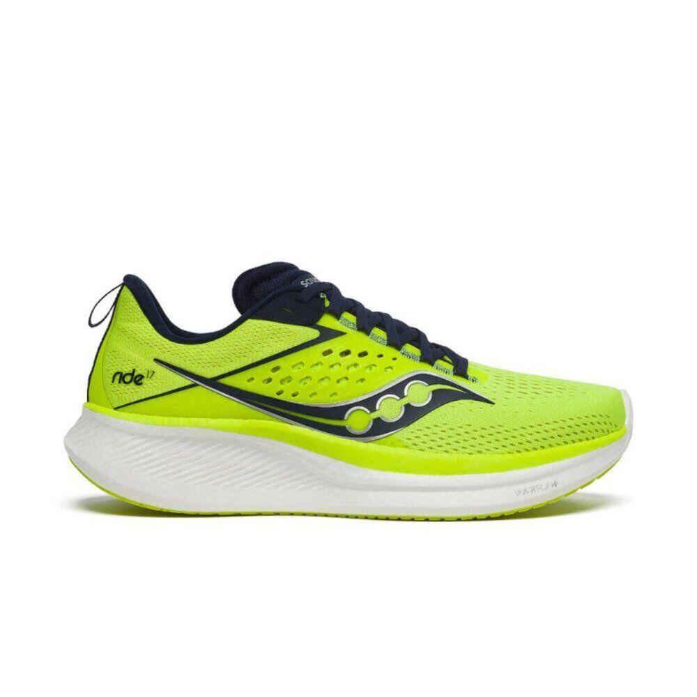 Saucony Men`s Ride 17 Neutral Everyday Running Shoes - Citron/navy - Citron/Navy