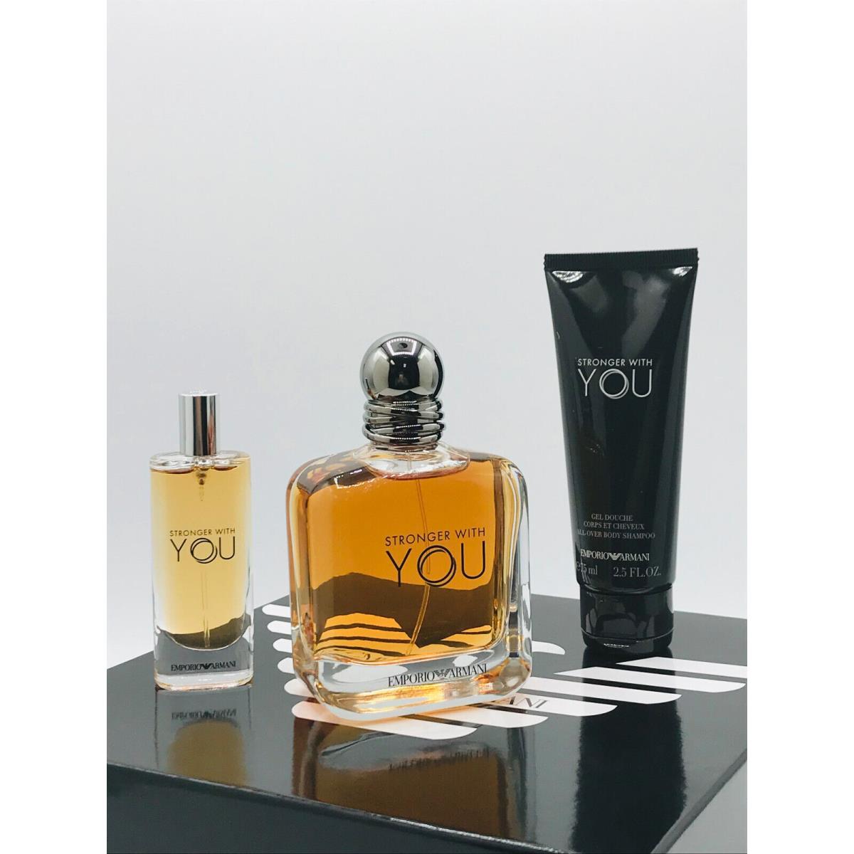 Emporio Armani Stronger with You Men 3pc Set Cologne Spray 3.4 oz Travel Spray .5 oz Body Wash