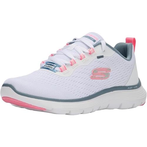 Skechers Women`s Flex Appeal 5.0 Sneaker - White Mesh Pink Light Blue Trim