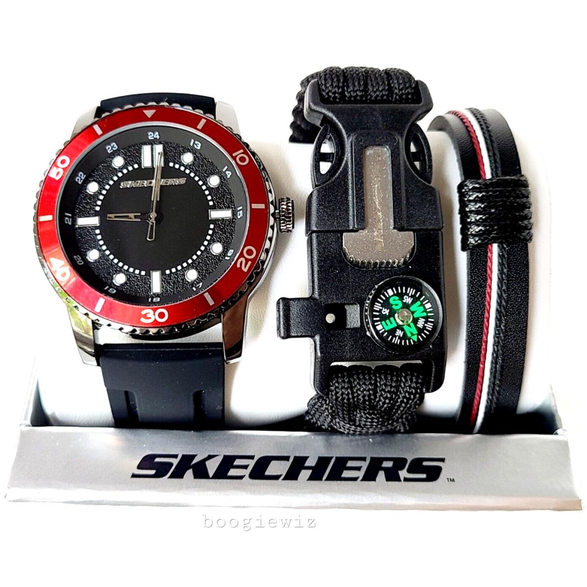 Skechers Men`s 3 Piece Watch Set Compass Blk Bracelet SR9071