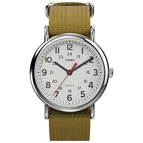 Timex Unisex Weekender 38mm Watch Silver-tone Case White Dial with Olive Fabric