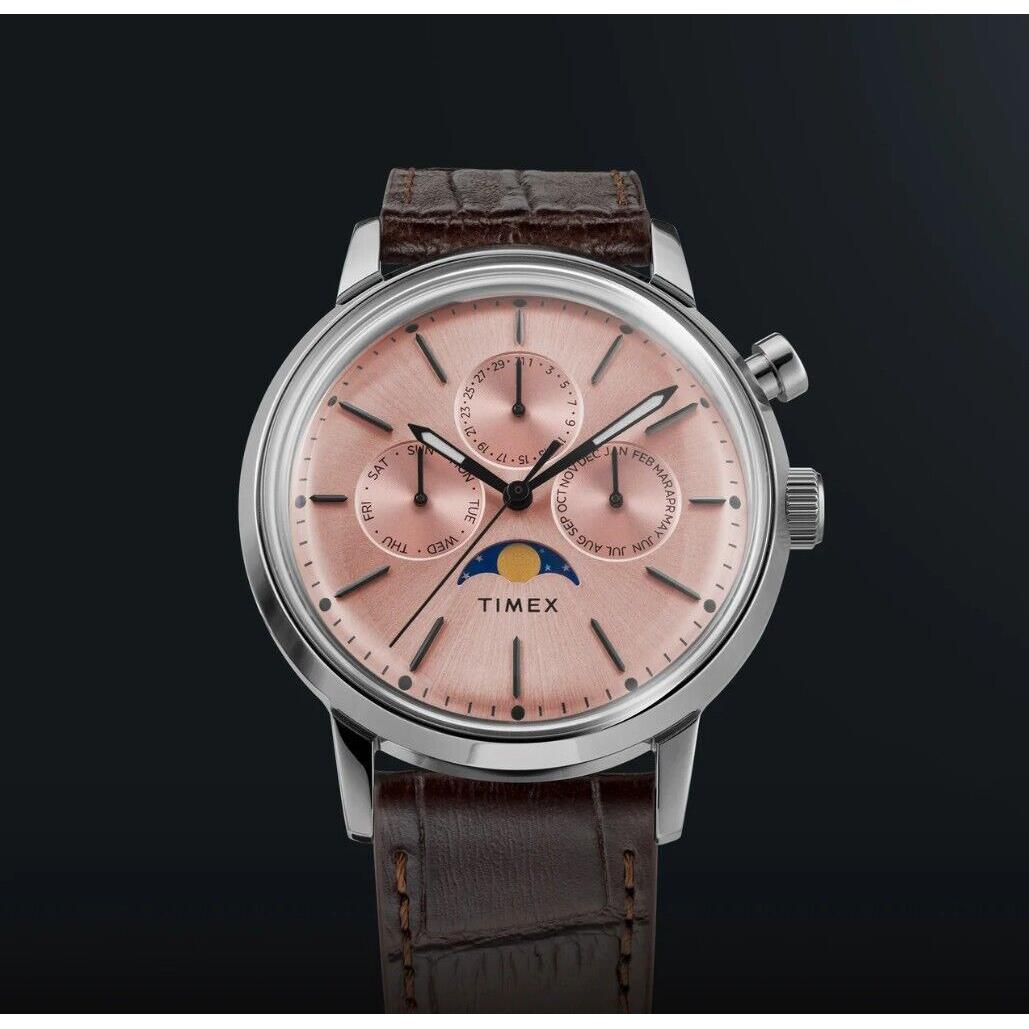 Timex Marlin Moonphase Rose Dial Chronograph Brown Leather Watch TW2W51100 - Dial: Rose Gold-Tone, Band: Brown, Bezel: Silver