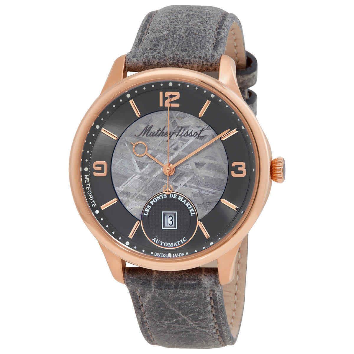 Mathey-tissot Edmond Meteorite Automatic Men`s Watch H1886METP - Dial: Muonionalusta Meteorite, Band: Grey, Bezel: Rose Gold-tone