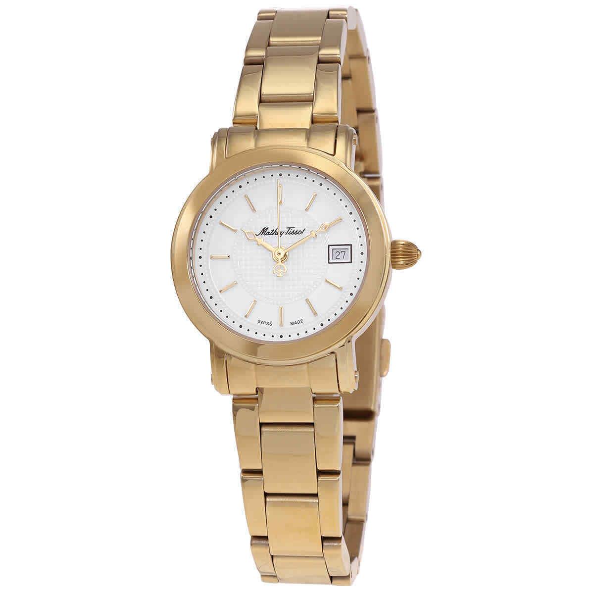 Mathey-tissot City Metal Quartz White Dial Ladies Watch D31186MPI - Dial: White, Band: Gold-tone, Bezel: Gold PVD