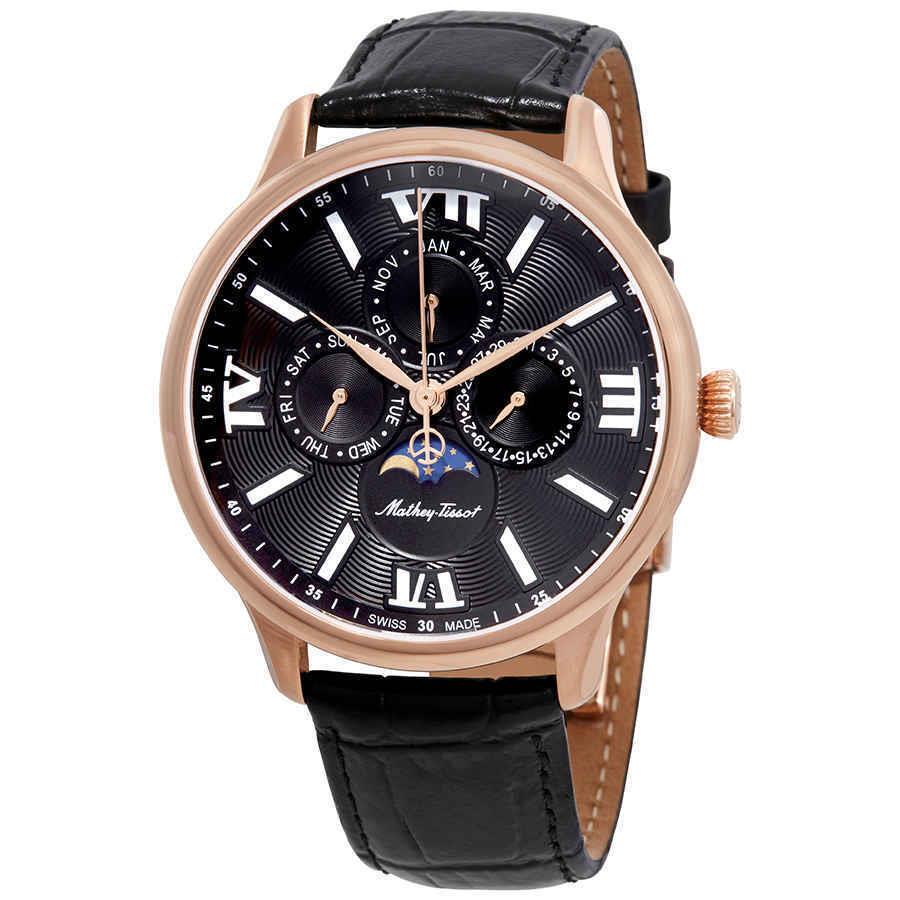 Mathey-tissot Edmond Moon Phase Black Dial Men`s Watch H1886RPN - Dial: Black, Band: Black, Bezel: Rose Gold PVD