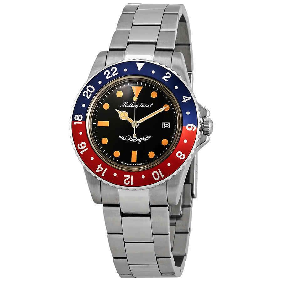 Mathey-tissot Mathey Vintage Black Dial Pepsi Bezel Men`s Watch H900AR - Dial: Black, Band: Silver-tone, Bezel: Silver-tone