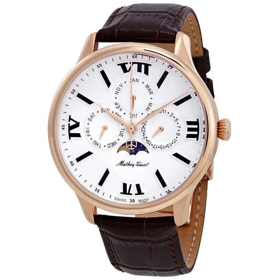 Mathey-tissot Edmond Moon Phase White Dial Men`s Watch H1886RPI - Dial: White, Band: Black, Bezel: Rose Gold PVD