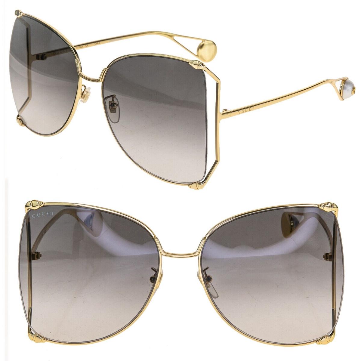 Gucci 0252 Gold Gray Style Oversized Metal Fashion Pearl Sunglasses GG0252S 002