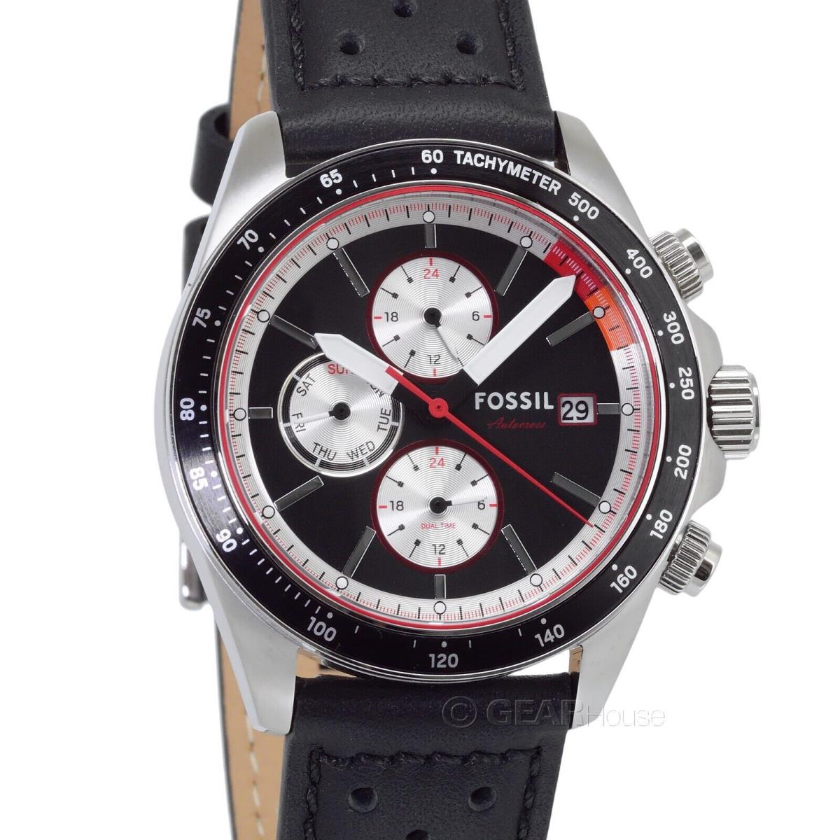 Fossil Autocross Mens Dual Time Multifunction Watch Black Silver Red Leather