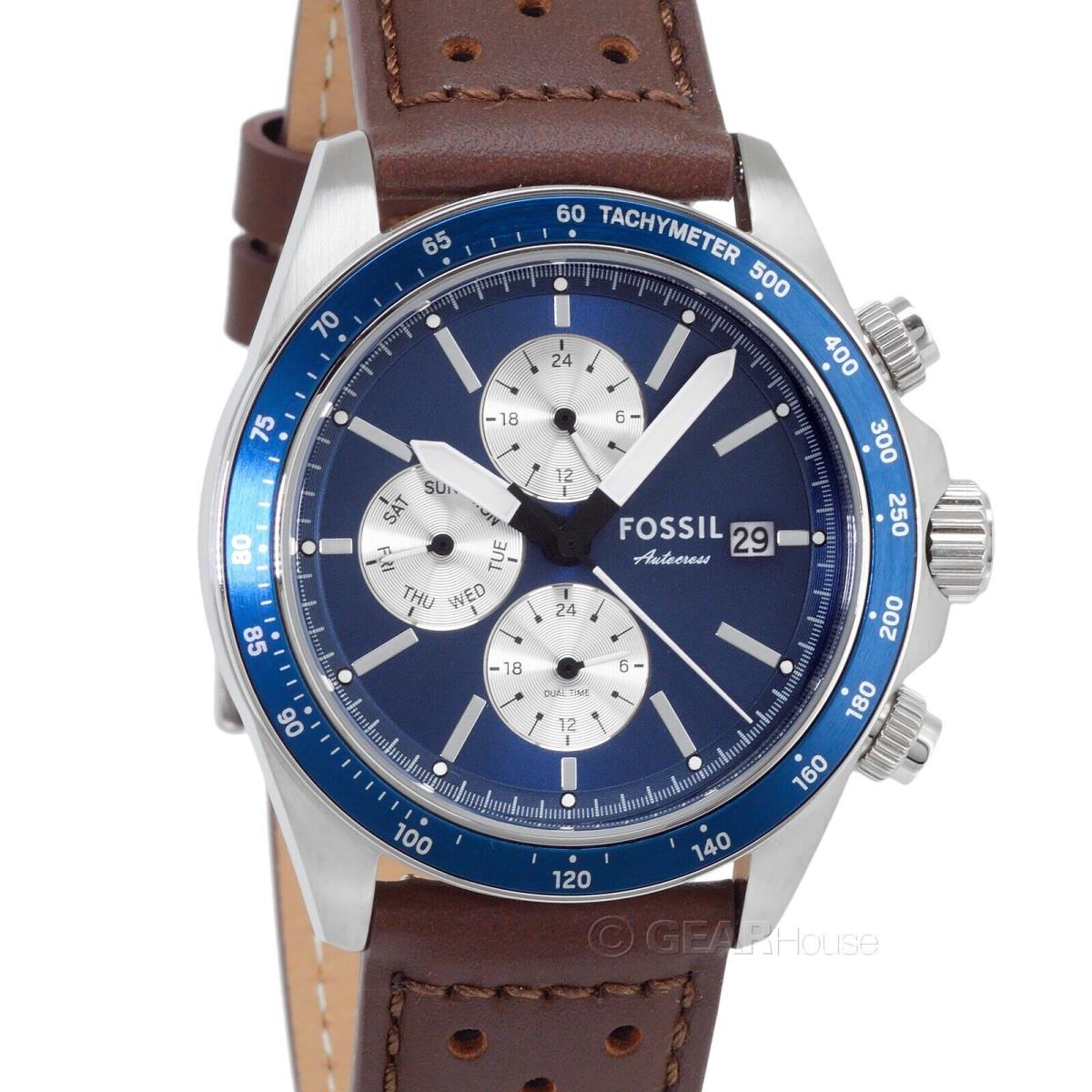 Fossil Autocross Mens Dual Time Multifunction Watch Blue Silver Brown Leather