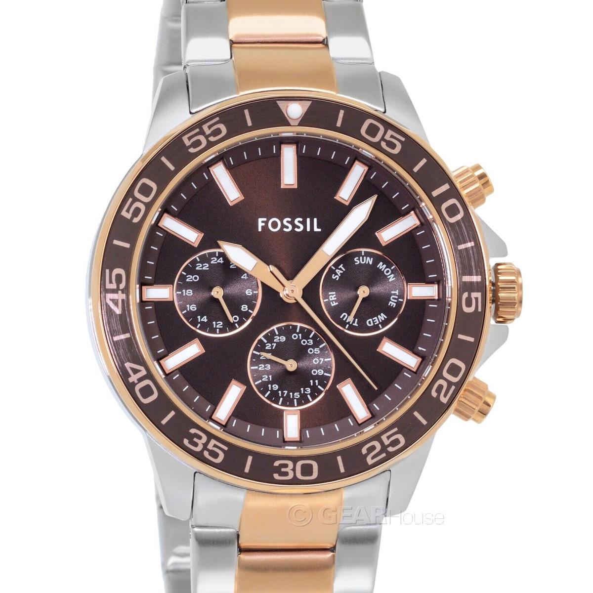 Fossil Bannon Mens Multifunction Watch Two-tone Brown Rose Gold Stainless Steel