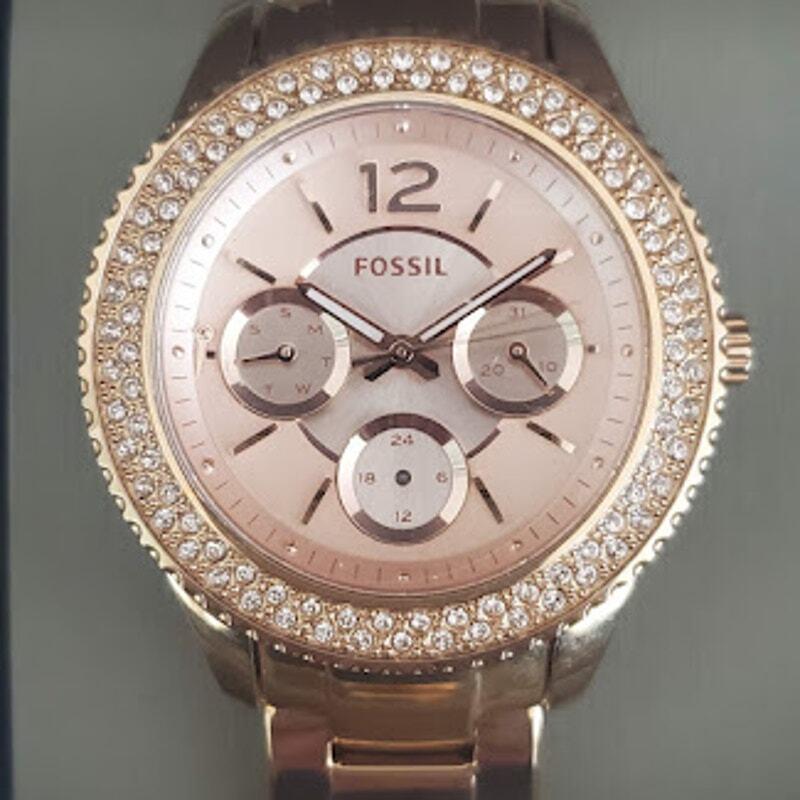 Fossil Women`s Stella Watch Rose Gold Tone with Crystal Accents 38mm ES3590