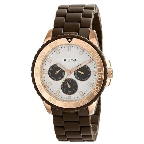 Bulova Women`s Quartz Multi Dial Calendar Rose Gold Accents Watch 40mm 98N103