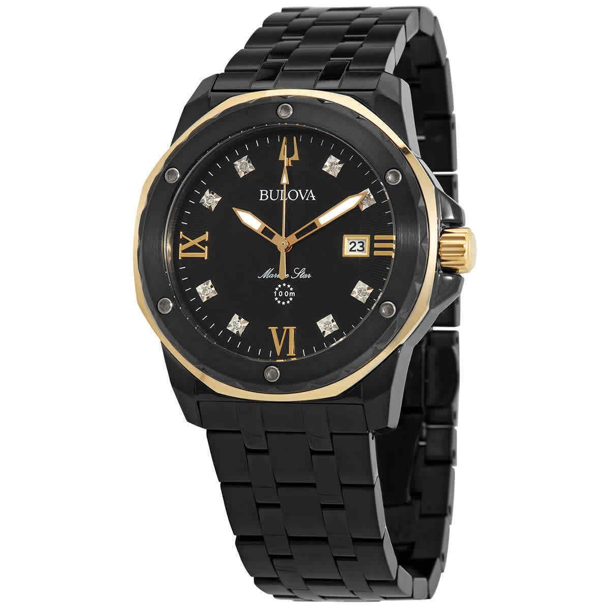 Bulova Marine Star Quartz Diamond Black Dial Men`s Watch 98D176