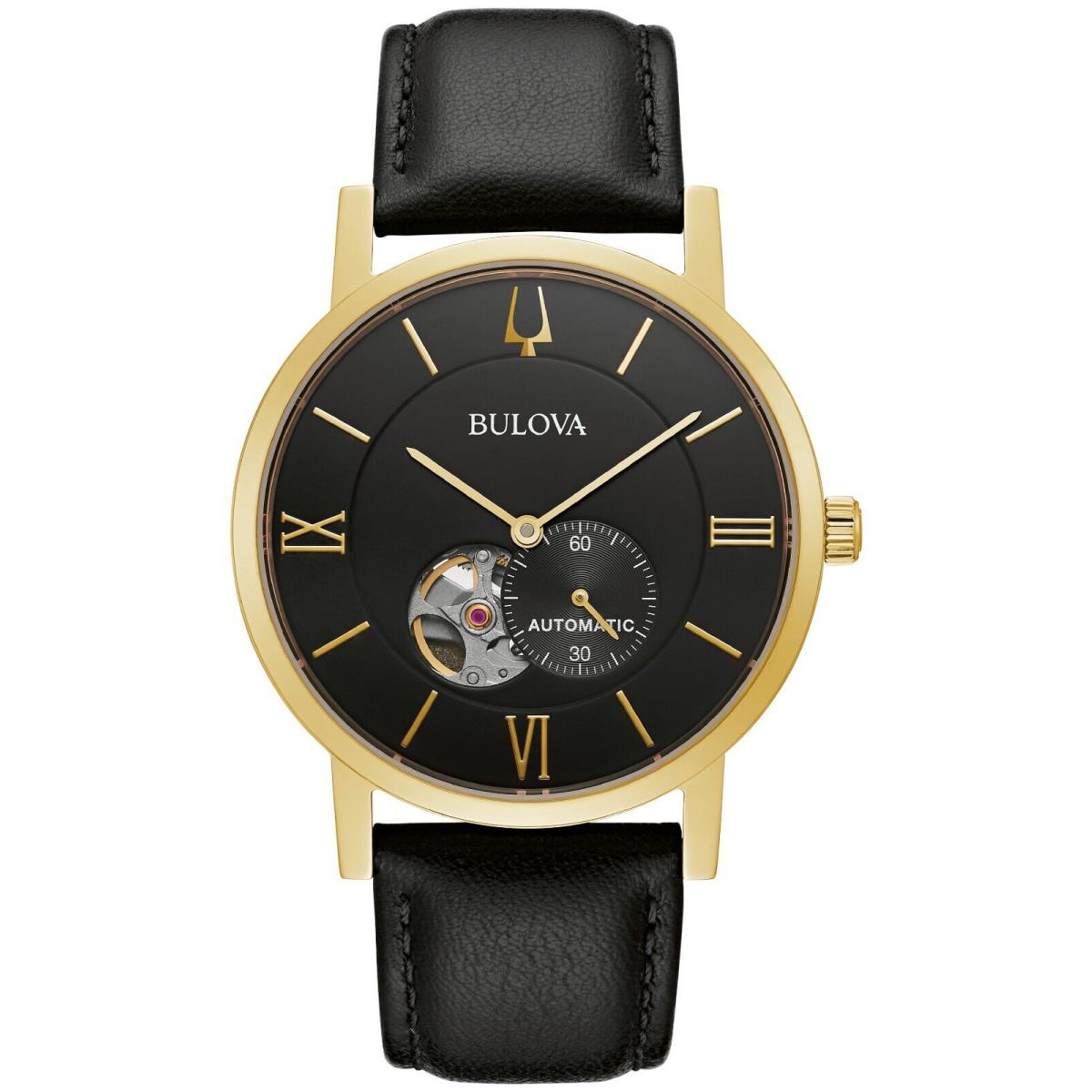 Bulova Men`s Classic Clipper Automatic Skeleton Black Leather Watch 42 MM 97A154 - Dial: Black, Band: Black