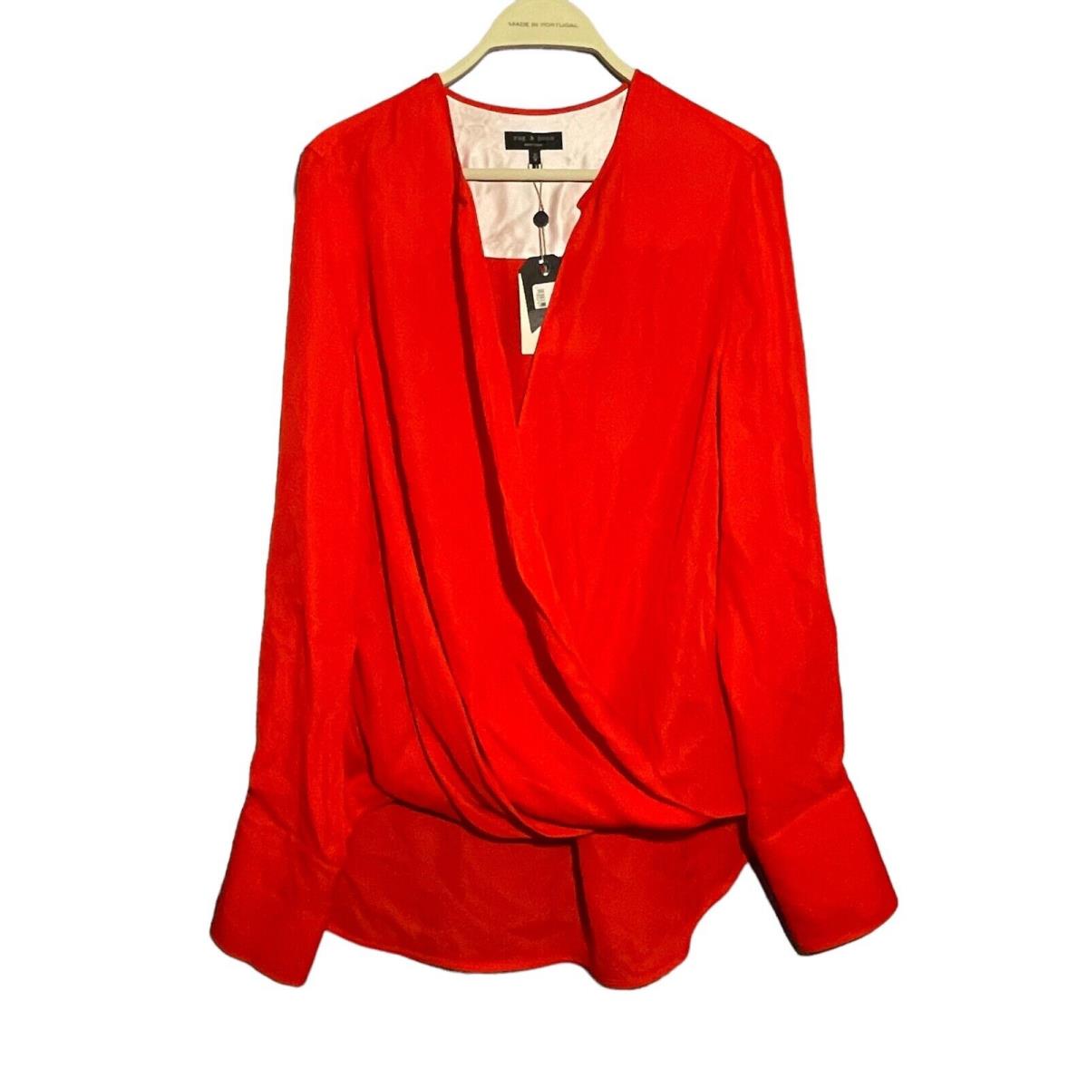 Rag Bone Max Blouse Fiery Red Silk Women Size M Workwear Elegant Wrap Drape Top