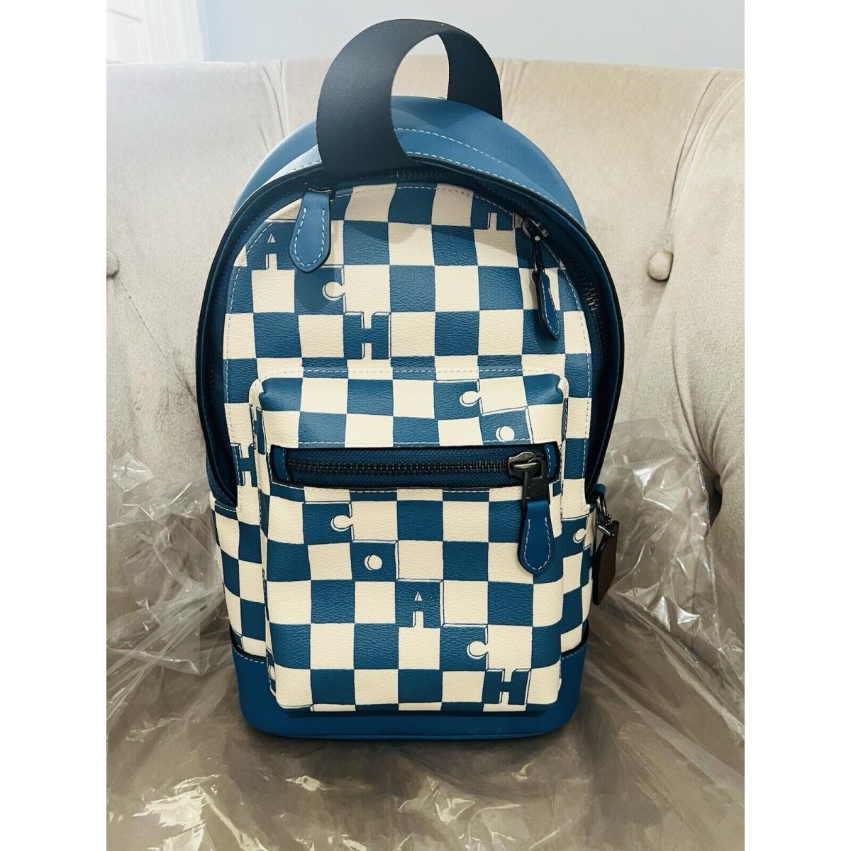 Coach West Pack Sling Bag Checker Blue Leather Sling Shoulder Backpack CR294