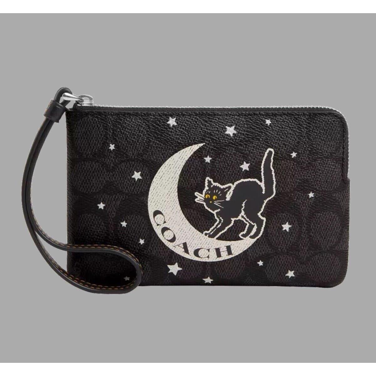 Coach Corner Zip Wristlet Purse Signature Canvas Halloween Cat Graphic Moon