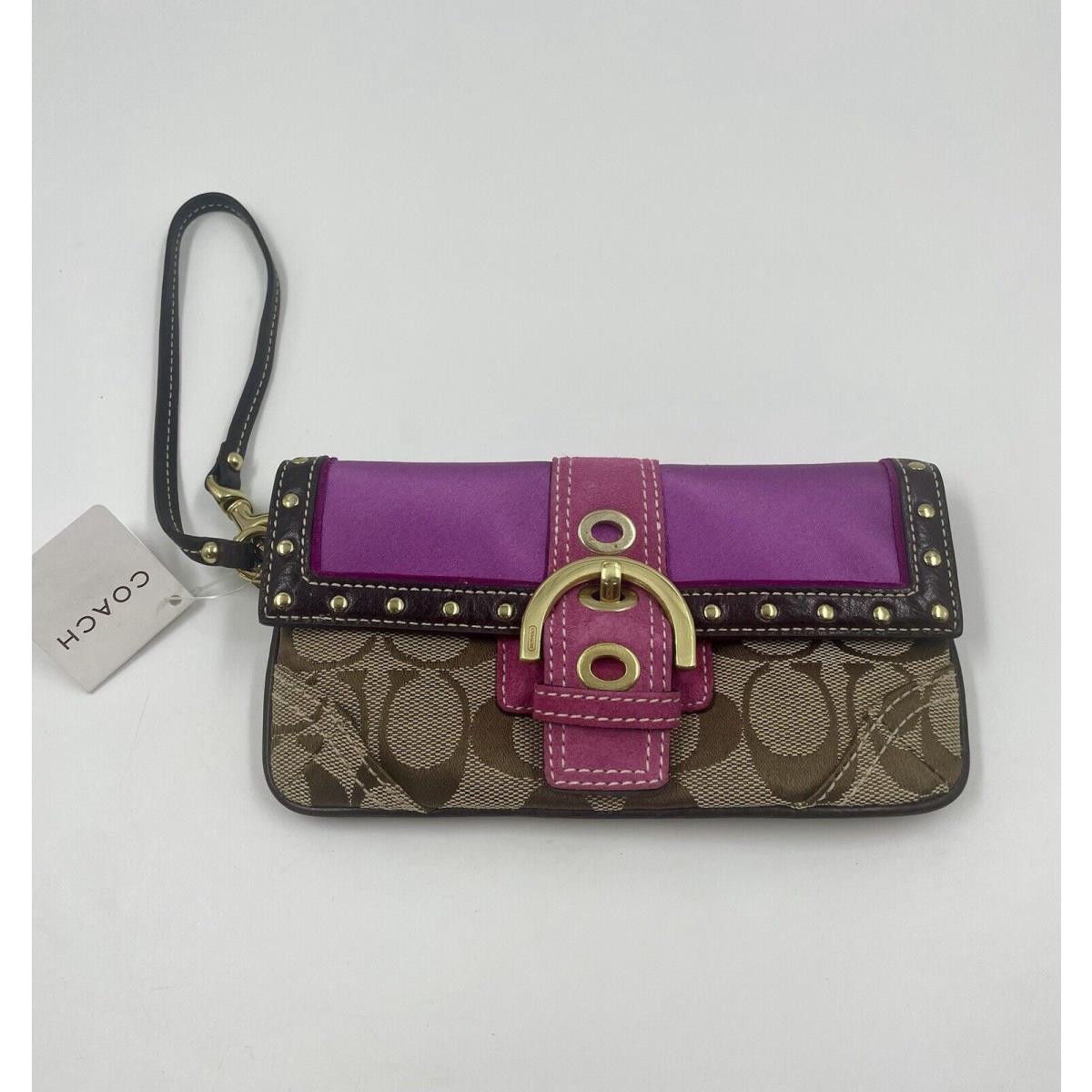 Coach Signature Wristlet Studs Purple Canvas Leather Buckle Magnetic Snap Y2K