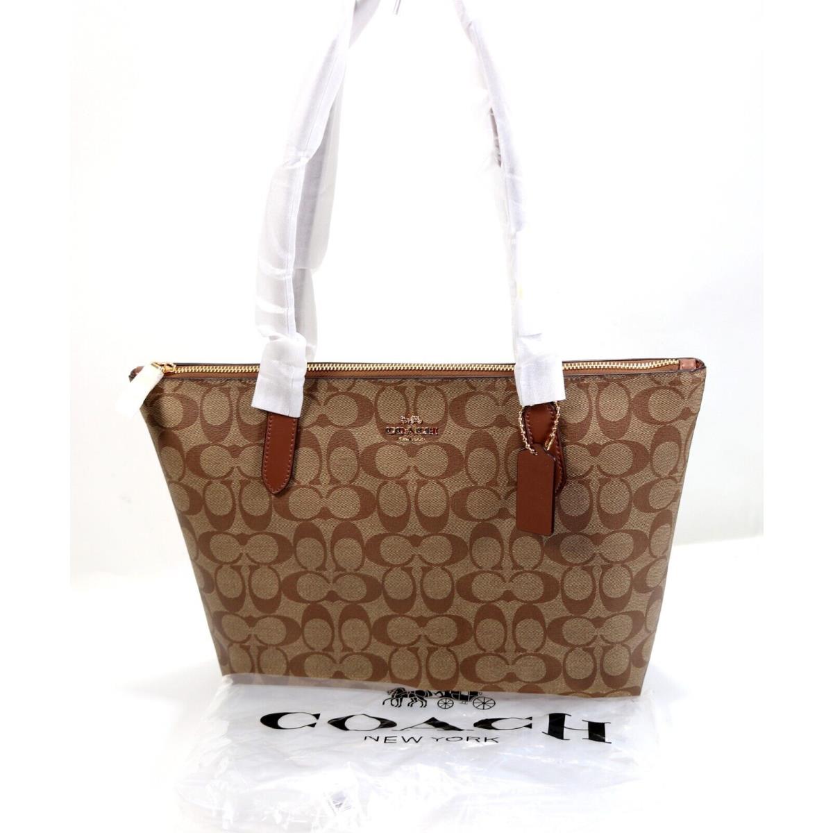 Coach Zip Top Tote Signature Khaki Saddle 2 Canvas Purse /