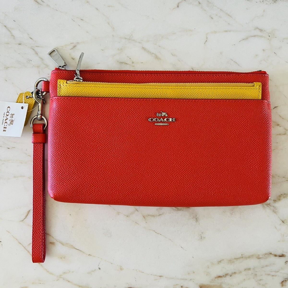 Coach Orange Yellow Color Block Leather Pop Pouch Clutch Wristlet