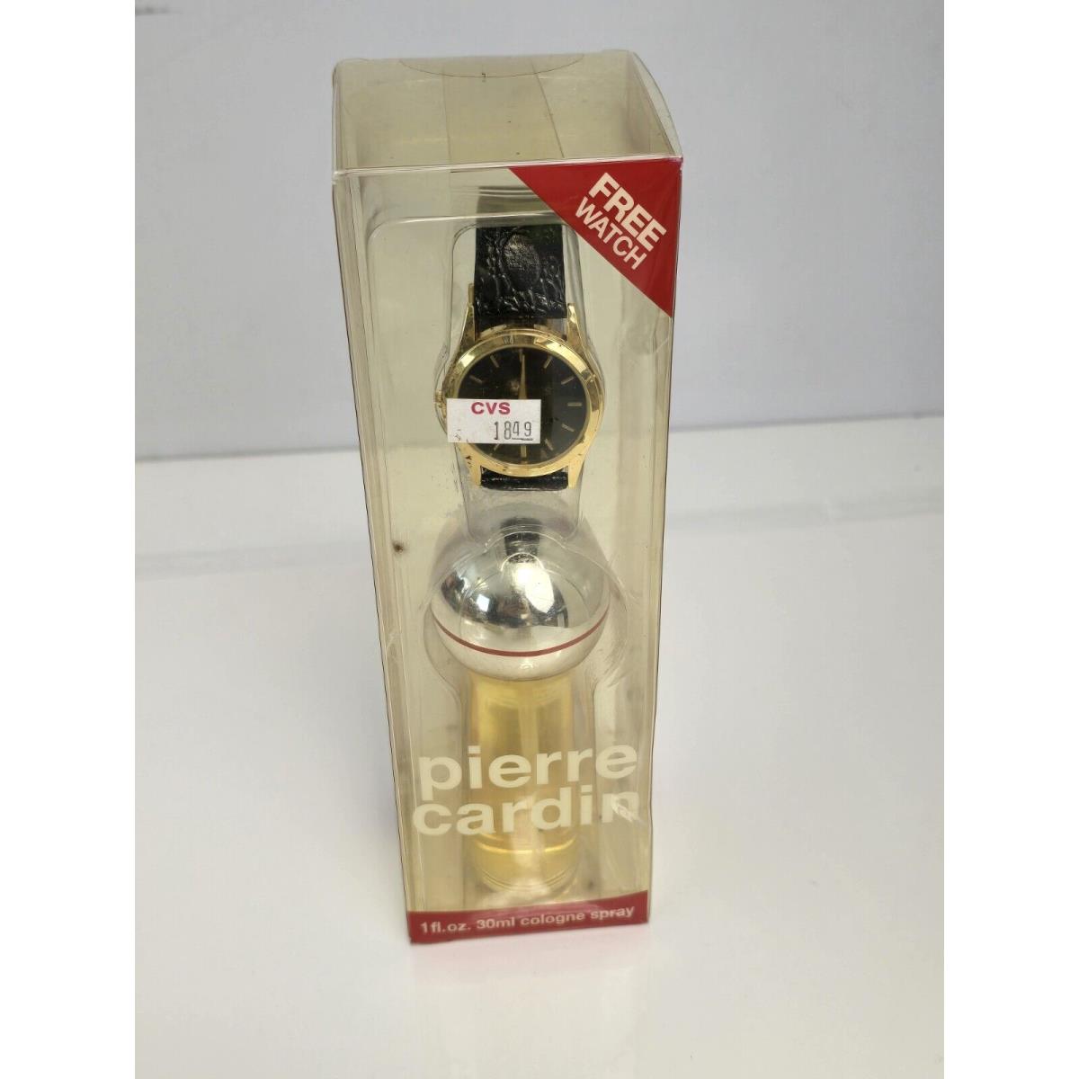 Pierre Cardin Set Cologne Spray 1 oz and Gold Watch with Black Strap Nos Rare