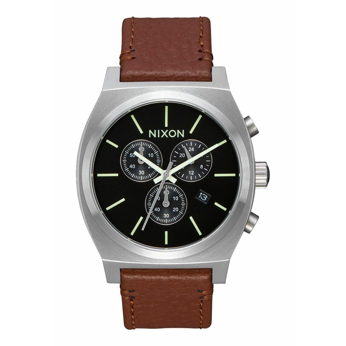 Nixon 39mm Time Teller Chrono Leather Black/saddle Watch A1164 1037-00