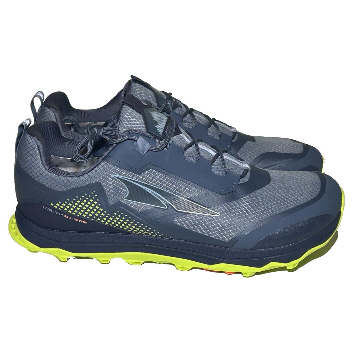 Altra Mens 12 Lone Peak All-weather Low Gray/lime Hiking Running Shoe Sneaker