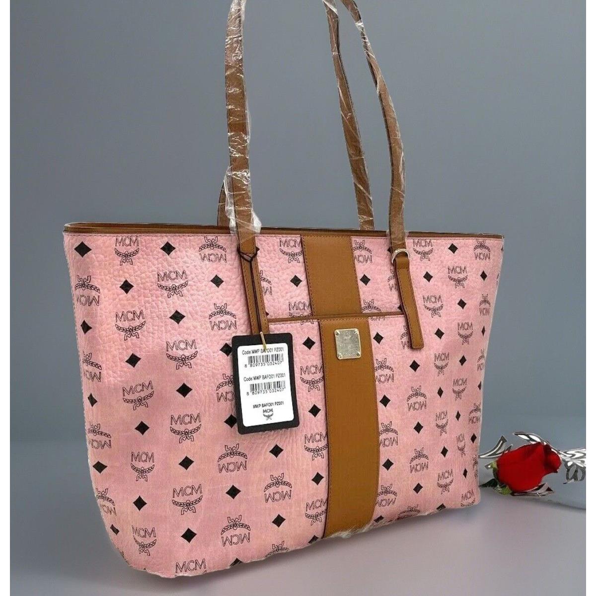 Mcm Anya Medium Zip Top Coated Canvas Shopper Tote In Soft Pink/ Cognac