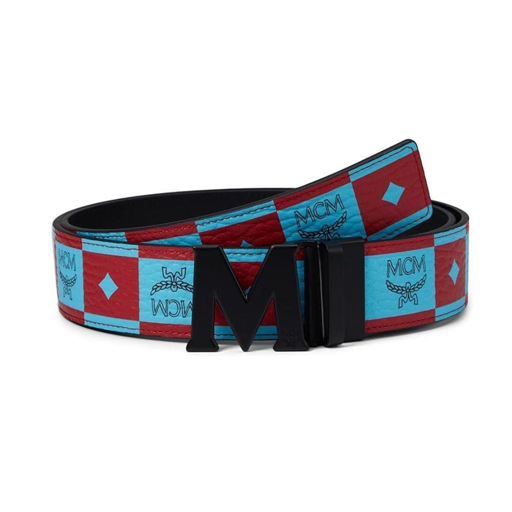 Mcm Men`s Claus Checkerboard Visetos Belt Blue Size Regular